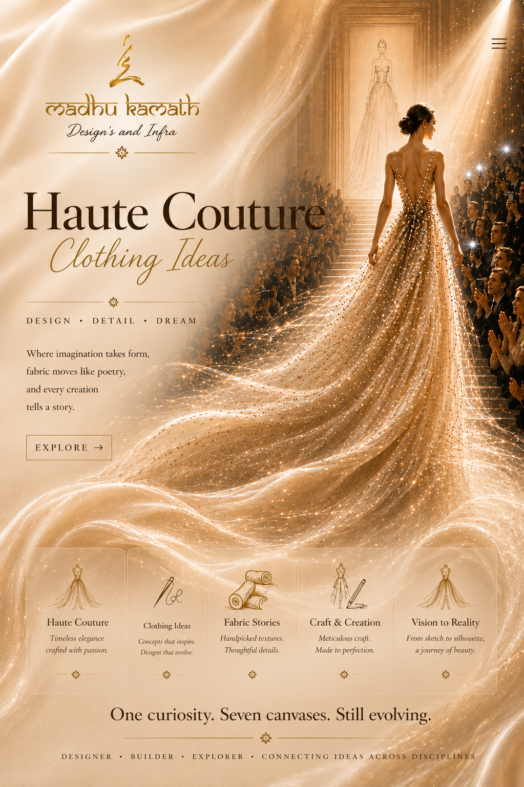 Haute Couture — a shimmering gown flowing down the staircase, sketches above